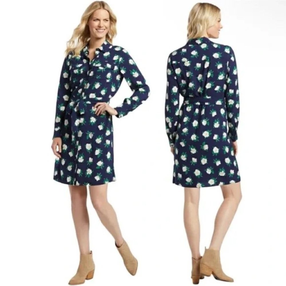 Draper James Magnolia Print, Long Sleeve, Navy Shirt Dress in Size 8